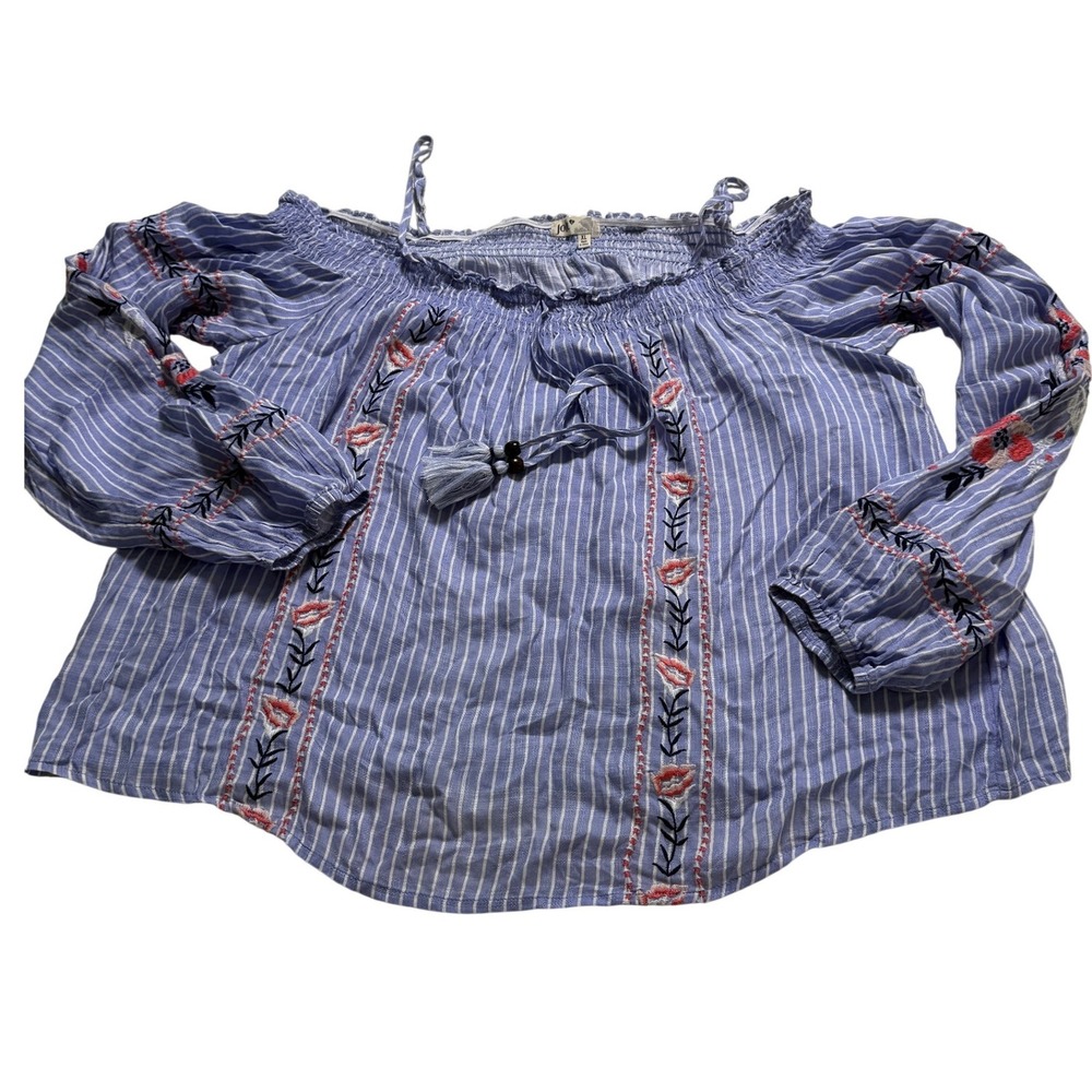 Jolt Off the Shoulder Blouse Womens XL Blue Striped Embroidered Boho Tassel‎ Top